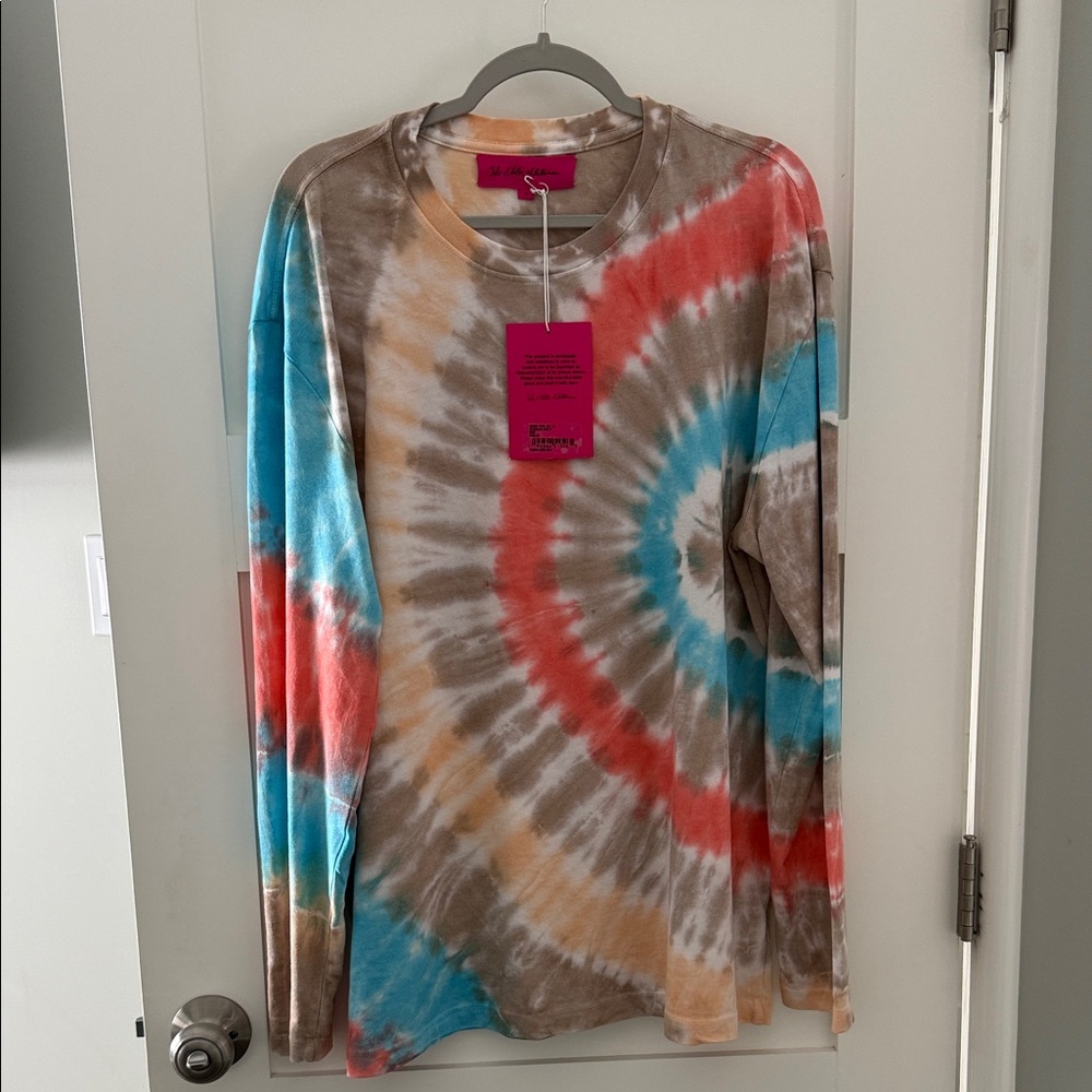 The Elder Statesman Spiral Tie-Dye Long Sleeve Tee in Blue, Coral, Tan